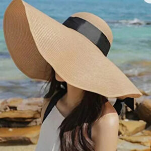 BEIGE OVERSIZED STRAW FEDORA SUN HAT